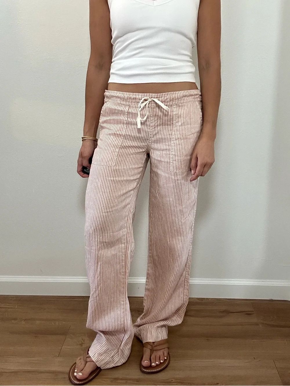 Michael Stars 100% Linen Peach & White Striped Drawstring Straight-Leg Pants S